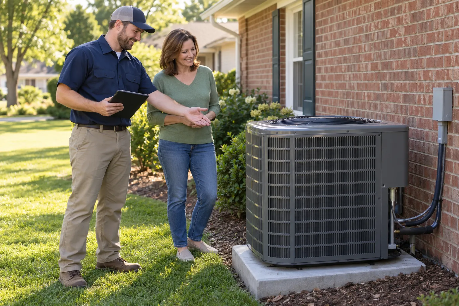 Friendly HVAC provider and a homeowner reviewing a new outdoor AC unit beside a Des Moines home