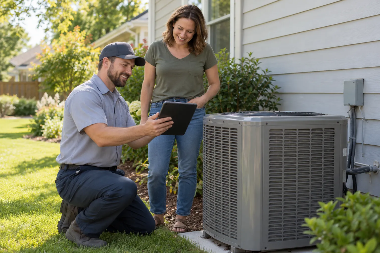 A friendly HVAC provider checking a home air conditioner outside a house in Des Moines while a homeowner looks on