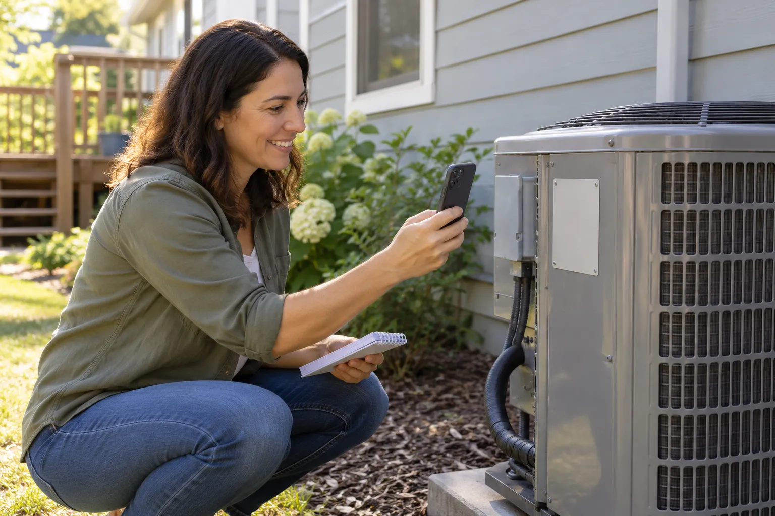 A homeowner taking photos of an AC unit for an estimate in the Des Moines area